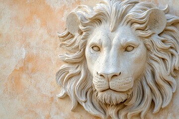 Detailed stone lion head relief on a beige wall.