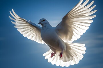 A white dove with outstretched wings flying in the blue sky with sun shining through feathers