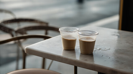 Two empty iced coffee cups on a marble table