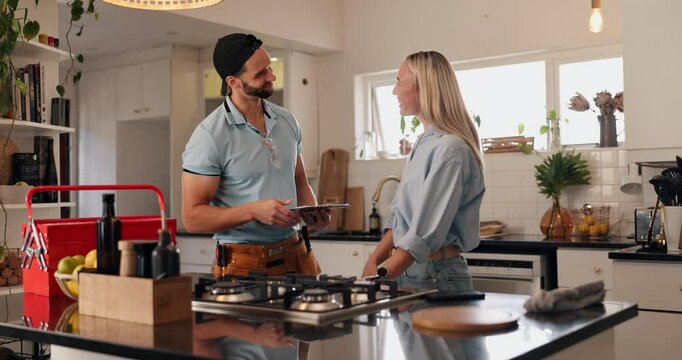 Man, plumber and handshake with customer in kitchen for leak, water service or repair at home. Male person, woman and shaking hands with client or thank you for house fix, agreement or call out
