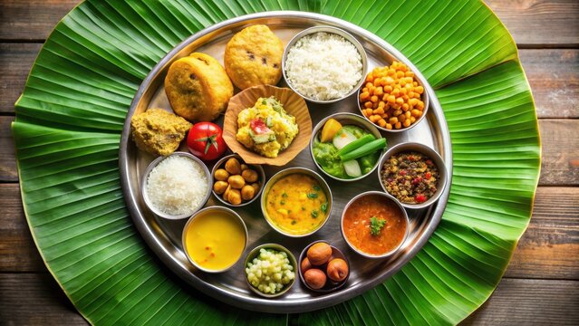 A traditional Navratri upwas thali with a variety of fasting food items such as dal, rice, vegetables, and laddu served on a banana leaf , Traditional Indian, Banana Leaf