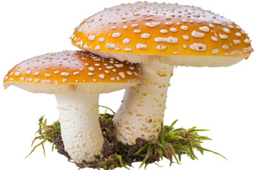 Obraz premium Two Vibrant Toadstool Mushrooms Growing on Ground Surrounded by Moss in Natural Habitat