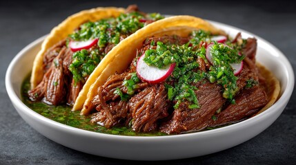 Fototapeta premium A dish of beef tacos with salsa verde and radish slices on a flat color surface under softbox light leaving room for text overlay