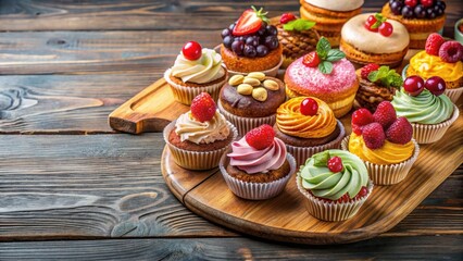 A colorful dessert arrangement on a wooden board with various sweet treats such as cakes, cupcakes