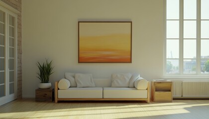 Fototapeta premium Minimalist living room with warm tones and natural light