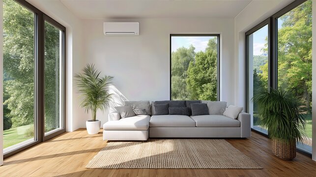A modern air conditioning unit cools a stylish living room as sunlight pours through large windows, combining comfort, design, and energy efficiency.