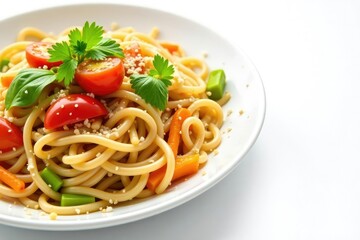 Stir-fried noodles with vegetables, white backdrop, isolated, soy