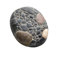 Fototapeta premium A smooth, ovalshaped pebble showcases an array of colors and patterns, resting on a clean transparent surface, of pebble isolated on transparent background