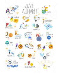 Poster with alphabet and pictures on the theme of space with planets rocket aliens spacecraft on a white background