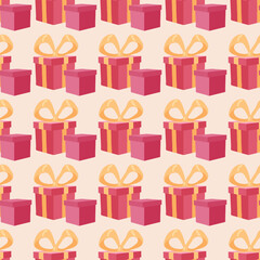 Seamless pattern with cute festive pink boxes and yellow bows on beige background