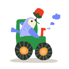 Cute sparrow rides a tractor and holds strawberries in its beak, vector illustration