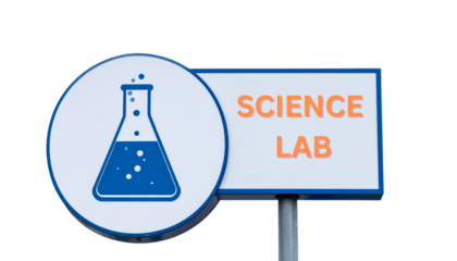 A sign for a laboratory with a flask with space of text "Science Lab" isolated on solid white background Png format 