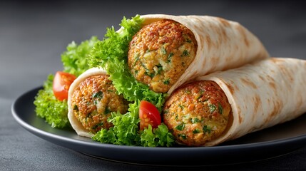 A serving of falafel wrap with hummus and salad on a bright backdrop under directional light with space for overlay text