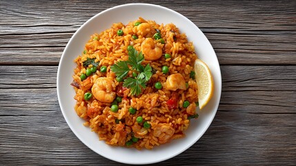 A serving of paella with seafood saffron rice and peas on a rustic table under spot lights with blank area for overlay