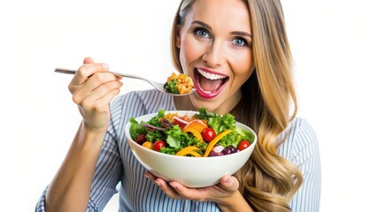 Vibrant lady taking a big bite of her nutritious salad bowl filled with an assortment of colorful vegetables and whole grains on a soft white background , nutritious food, diet