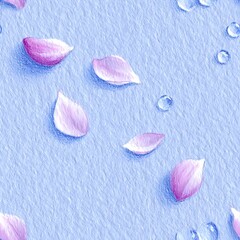 Seamless pattern of water with white sakura petals, moiré shading, prismatic dew, and colored pencil texture