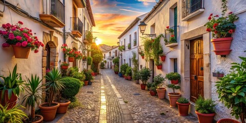Obraz premium Narrow cobblestone streets lined with ancient buildings and overflowing flower pots in historic town of Denia at sunset, old town, street view
