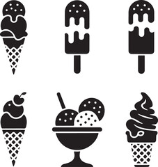 Black Ice Cream Silhouettes Clipart – Ice Cream Cone, Popsicle, Sundae, Melting Ice Cream, Sweet Dessert Theme

