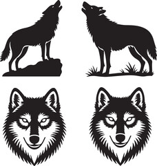 Black Wolf Silhouettes Clipart – Wolf Howling at the Moon, Standing Wolf, Wolf Head Close-Up, Wild Forest Animal, Powerful Nature Theme

