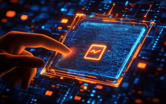 Hand touching glowing digital square with checkmark, intricate circuit board background