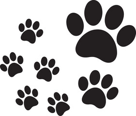 Fototapeta premium Black Dog Paw Silhouettes Clipart – Single Paw Print, Walking Trail, Large Paw, Small Paw, Cartoon and Realistic Styles, Pet Clipart Pack