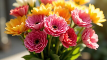 Close-up of a vibrant bouquet of fresh flowers in natural lighting, perfect for gift, celebration, and spring themes.
