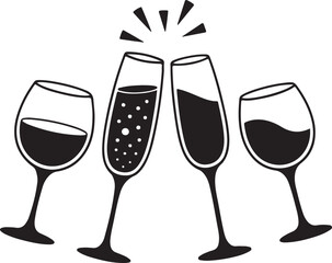 Black Wine Glass Silhouettes Clipart – Red Wine, White Wine, Champagne Flute, Clinking Glasses Vector Set

