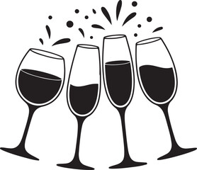 Black Wine Glass Silhouettes Clipart – Red Wine, White Wine, Champagne Flute, Clinking Glasses Vector Set

