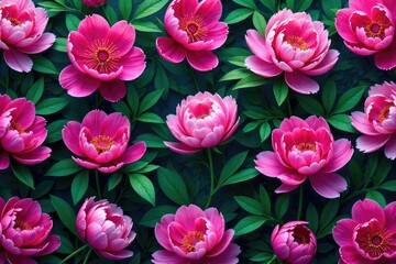 Obraz premium Bold peony blossoms, lush greenery, continuous pattern, pattern, blossom, vibrant