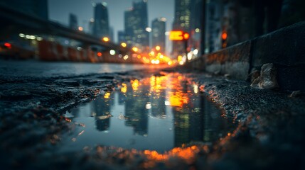 Nachtaufnahme einer Großstadt mit Reflexion in einer regennassen Pfütze
