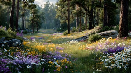 Farbenfrohe Wildblumenwiese in einem sonnigen Waldstück
