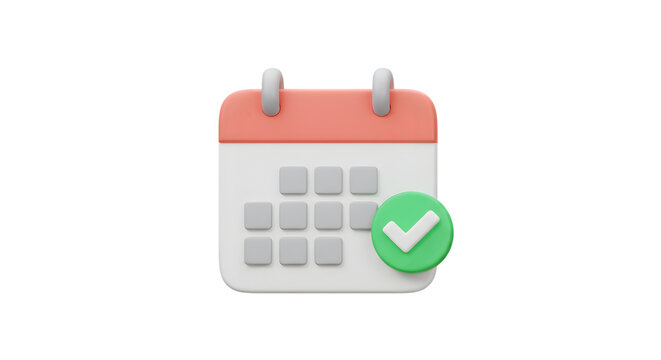 Calendar application icon with coral red header and numeric grid display, featuring circular green checkmark badge, event confirmation interface with verification symbol for scheduling and task 