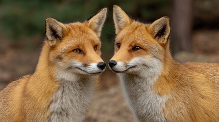 Fototapeta premium The foxes, nestled among the trees, share a sweet moment as they touch noses, a sign of affection and bond in the peaceful forest surroundings. 