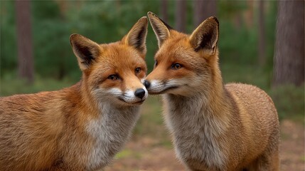Fototapeta premium The foxes, nestled among the trees, share a sweet moment as they touch noses, a sign of affection and bond in the peaceful forest surroundings. 