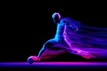Dynamic Soccer Player in Motion, Striking a Ball with Vivid Neon Light Trails