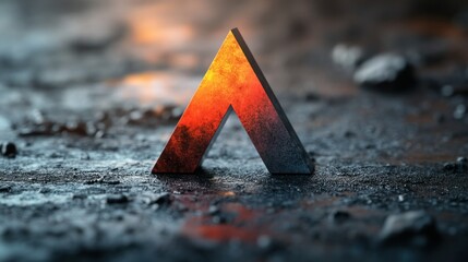 Abstract rusty metal triangle symbol standing on wet rough ground at sunset with dramatic lighting and reflections creating a striking modern industrial design element