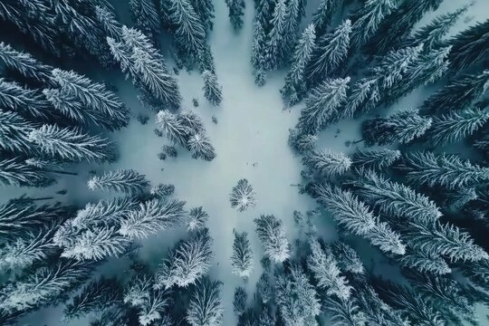 Snowy forest from above, frosted trees