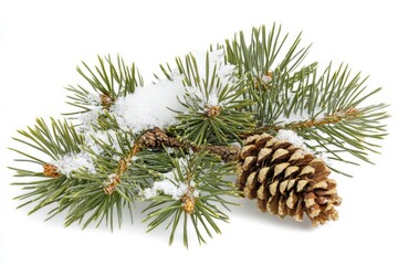 Snowy pine branches with a cone
