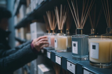 Elegant reed diffusers arranged on a shelf in a boutique store. A hand reaches to test the fragrance, capturing a cozy, stylish atmosphere with soft lighting and glass textures.
