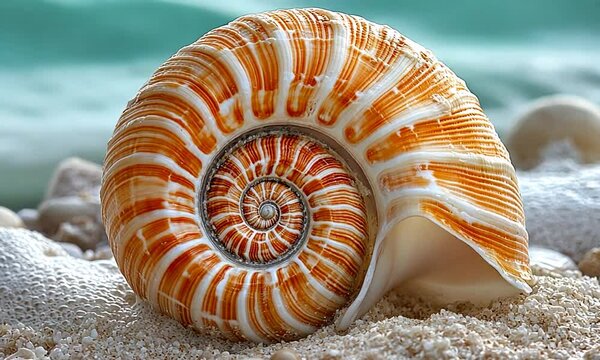 Close-up of a beautifully patterned seashell resting on sandy beach with gentle waves in background