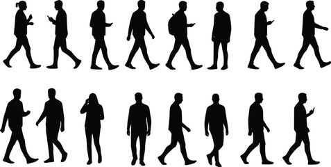 Fototapeta premium Silhouette collection of sixteen individuals walking in various poses, some carrying backpacks and others interacting with mobile phones, depicting everyday movement and modern lifestyles