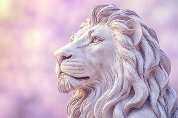 Detailed statue of a lion head, profile view, against a soft, pastel background.