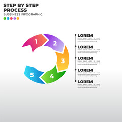 Colorful circular infographic with 5 steps. Modern vector for business process, workflow, or marketing cycle presentation