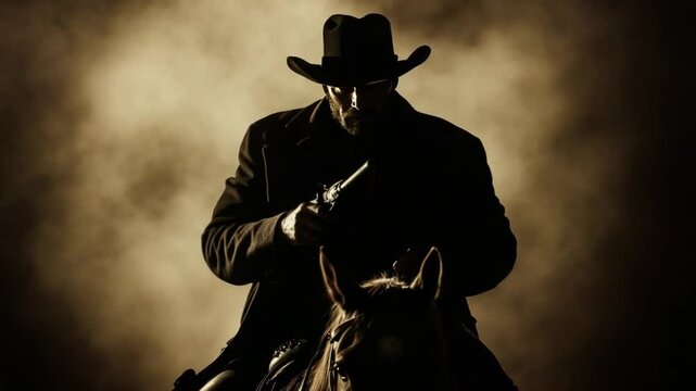 Mysterious Cowboy on Horseback in Dark Silhouette with Revolver Under Dramatic Smoke Background