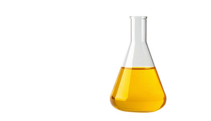 yellow liquid in Erlenmeyer flask, lab setting isolated on solid white background Png