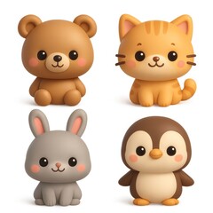 Fototapeta premium Cute 3D Animal Figures in Kawaii Style for Collection and Decor