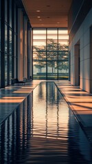 Obraz premium Modern architectural interior with a reflecting pool. Sunlight streams through large windows, illuminating a serene corridor and water feature. Tranquil and stylish design