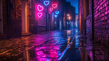 Rainy alleyway, neon hearts
