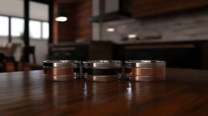 Modern rings displayed on wooden table