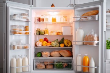 Organize a Modern Refrigerator with Bread, Fruits, Drinks, and Vegetables for Freshness and a Healthy Lifestyle